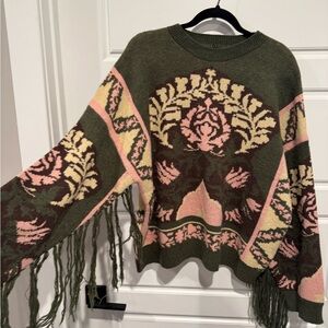 Nasty Gal Olive and Pink Patterned Fringed Sweater